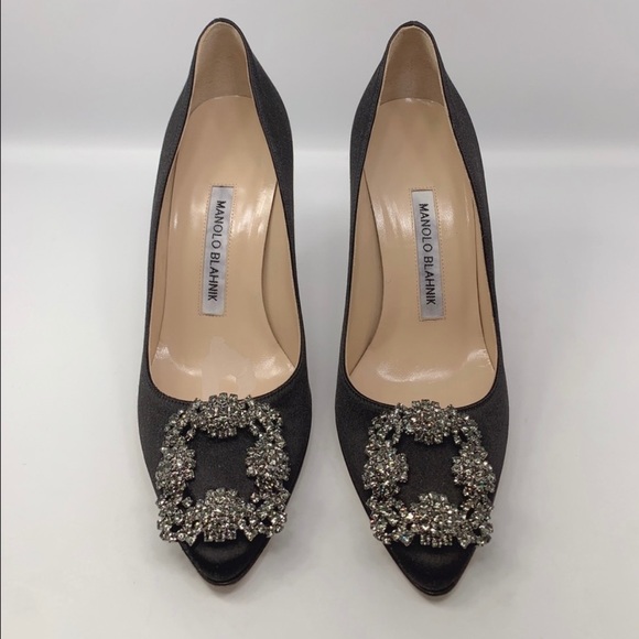MANOLO BLAHNIK Bejeweled Blk Satin Stiletto Pumps - Picture 6 of 13